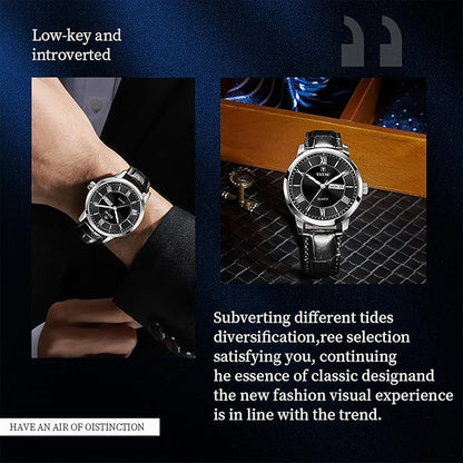 Mens Watches Luxury Dress Waterproof Leather Watch with Date Day Analog Quartz Large Number Wrist Watch Casual Classic Luminous Scales Big Face Easy Read Reloj para Hombre