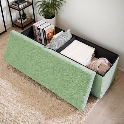 43 Inches Storage Ottoman Bench - Square Ottoman with Sherpa Top,Storage Bench for Bedroom,43" L x 15" W x 15" H - Green