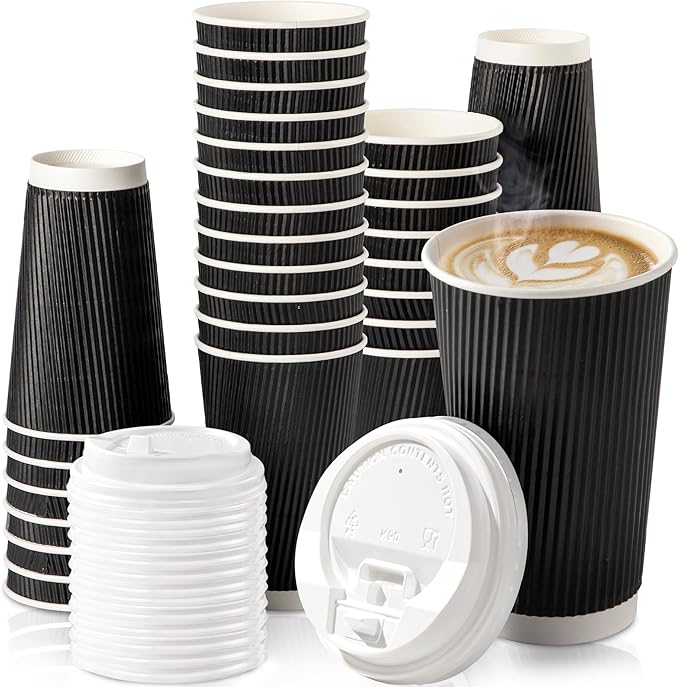 Fit Meal Prep 250 Pack 16 oz Black Disposable Coffee Cups with Lids & Stirrers, Corrugated Triple Wall To Go Hot Cups, Insulated Paper Coffee Cups for Hot Beverages, Travel, Home, Office (White Lids)