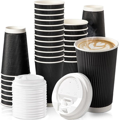 Fit Meal Prep 50 Pack 16 oz Black Disposable Coffee Cups with Lids & Stirrers, Corrugated Triple Wall To Go Hot Cups, Insulated Paper Coffee Cups for Hot Beverages, Travel, Home, Office (White Lids)