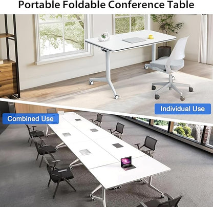 Conference Table,Folding Conference Table with Silent Wheels,Rectangular Business Conference Room Table,for Reception Offices Classrooms Meeting Training Room (4, White, 55.1in)