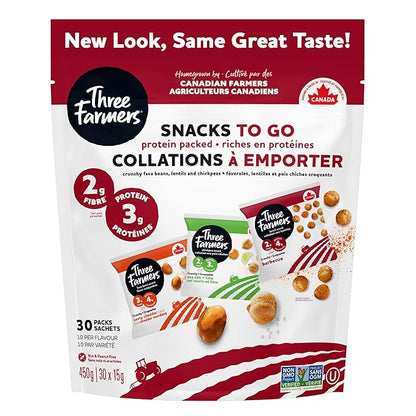 Three Farmers Healthy Variety Snack Packs - Roasted, Never Fried - Protein Rich Zesty Fava, Tangy Chickpeas, BBQ Lentils x 30 Pack - Gluten-Free, Low Calorie, High Fiber, Non-GMO