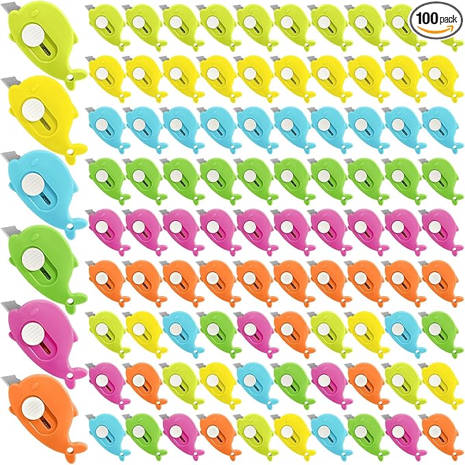 100PCS Whale Shaped Mini Utility Knives Retractable Box Cutters in 6 Colors (Orange, Green, Yellow, Blue, Mint, Pink) for Office, Crafts & Daily Use