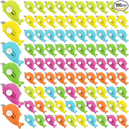 100PCS Whale Shaped Mini Utility Knives Retractable Box Cutters in 6 Colors (Orange, Green, Yellow, Blue, Mint, Pink) for Office, Crafts & Daily Use
