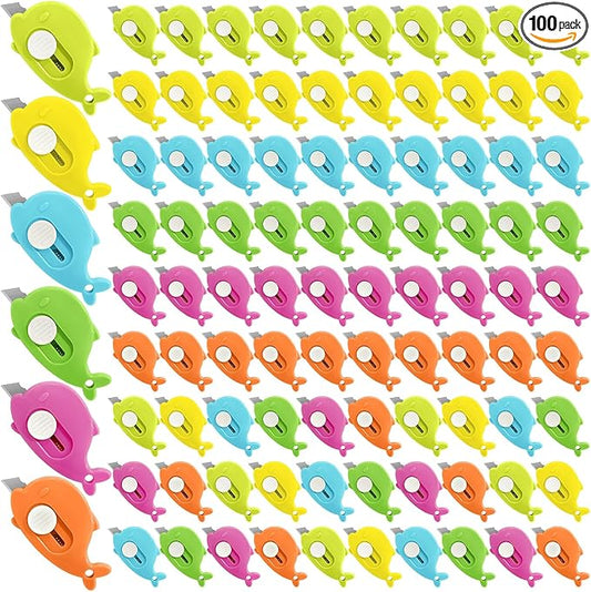 100PCS Whale Shaped Mini Utility Knives Retractable Box Cutters in 6 Colors (Orange, Green, Yellow, Blue, Mint, Pink) for Office, Crafts & Daily Use