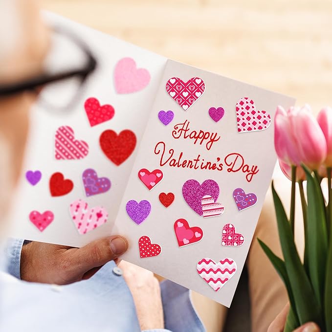 300 PCS Valentines Stickers, Self-Adhesive Foam Heart Stickers, 4 Color Glitter Hearts for Valentines Crafts, Polka Dots Stripe Valentine's Decor, DIY Supplies for Scrapbooking Card Making