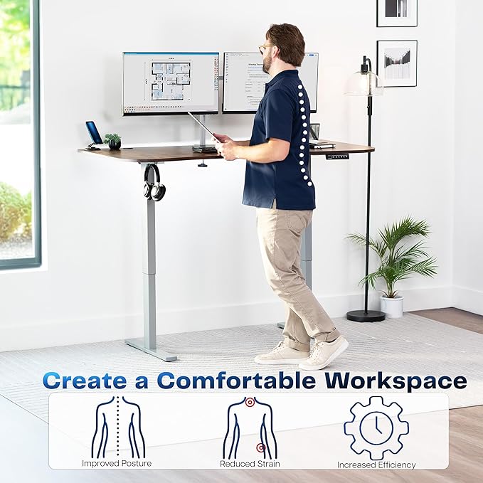 VIVO Electric 63 x 32 in Rustic Standing Desk, Memory Height Adjustment, 1B Series, Vintage Brown Top Gray Frame, DESK-KIT-1G1N