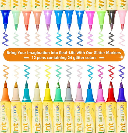 WePaint Glitter Marker Pens Dual Tip, 12 Shimmer Markers 24 Glitter Colors Metallic Marker with Brush Tips, Water-based Ink for Kids Adults DIY Crafts, Card Making, Scrapbooking, Kids School Supplies