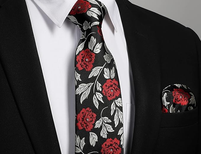 HISDERN Men Floral Ties Woven Classic 3.4" Necktie Set Formal Tie Pocket Square for Wedding with Handkerchief Gift Box