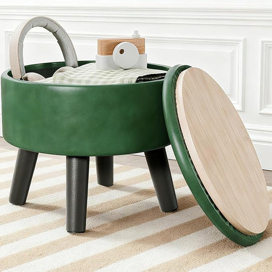 Small Foot Stool Ottoman with Storage, Faux Leather Ottoman Foot Rest for Couch, Round Footstool Ottomans for Living Room (Green)