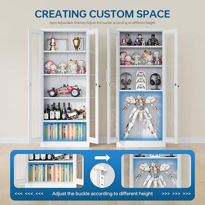 Display Storage Cabinet with Glass Door, 67 Inches Metal Curio Cabinet with 4 Adjustable Shelves, Lockable Glass Display Case for Home, Office, Clinic, Pantry, Assemble Required (White)
