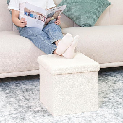 B FSOBEIIALEO Small Storage Ottoman Cube Sherpa Ottomans Foot Rest, Foldable Boucle Ottoman, Faux Teddy Fur, Cream White 15"x15"x15"