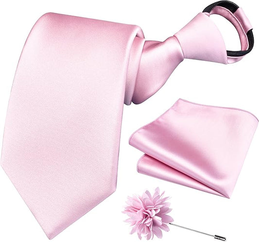 Branduce 3.15"（8cm） Pre-tied Adjustable Zipper Tie and Lapel Pin Solid Necktie Handkerchief Set for Men