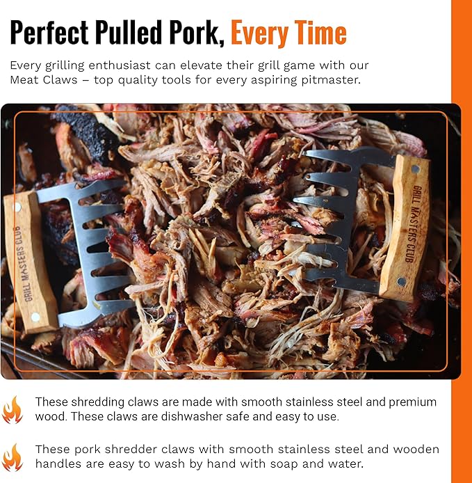 Grill Masters Club Meat Claws | Stainless Steel Pulled Pork Shredding Claws with Wooden Handle | BBQ Meat Claw for Shredding, Lifting & Serving Pork, Brisket | Perfect Grilling Gift for Men & Women