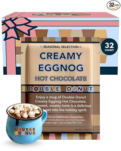 Double Donut Coffee Creamy Eggnog Hot Chocolate Mix Packets, Flavored Eggnog Hot Cocoa Mix, 32 Count