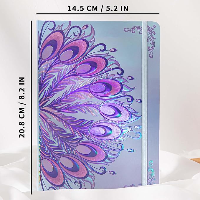TIEFOSSI A5 Journal Notebook-College Lined Ruled Hardcover Journals for Writing Women-100gsm Thick Paper 224 Numbered Pages-Peacock Feather Embossed Journal-Daily Journal for Writing