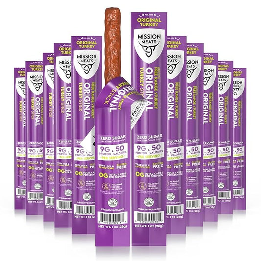 Mission Meats Turkey Sticks, 100% Free Range Turkey Jerky, Zero Sugar, Delicious Healthy Snacks, 9g Protein, Individually Wrapped, Gluten Free, Original 1oz (24ct)