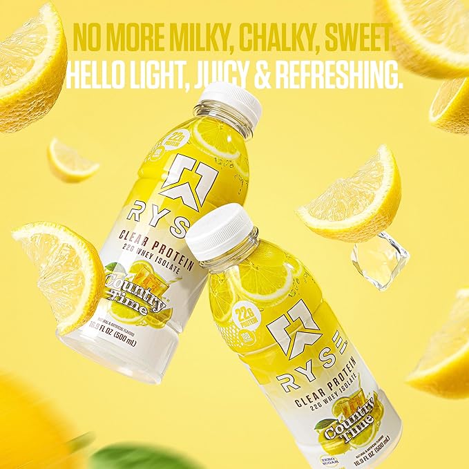RYSE Clear Protein Drink - Country Time Lemonade - 100 Calories, 22g Whey Isolate Protein Shake, Sugar-Free, 0g Fat & Lactose-Free - Refreshing Ready-to-Drink Beverage - 16.9 fl oz Bottles (12-Pack)