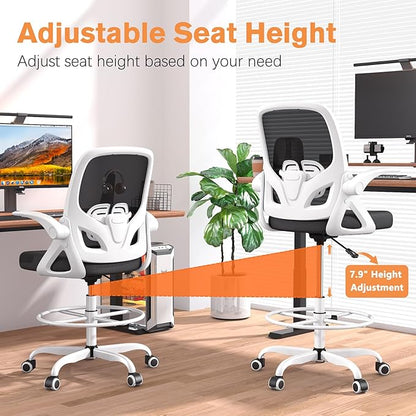 Tall Drafting Chair with Lumbar Support and Footrest Ring, Supportive Tall Extended Height Ergonomic Desk Chair for Home Work, Breathable Mesh Office Chair with Flip up Arms(White)