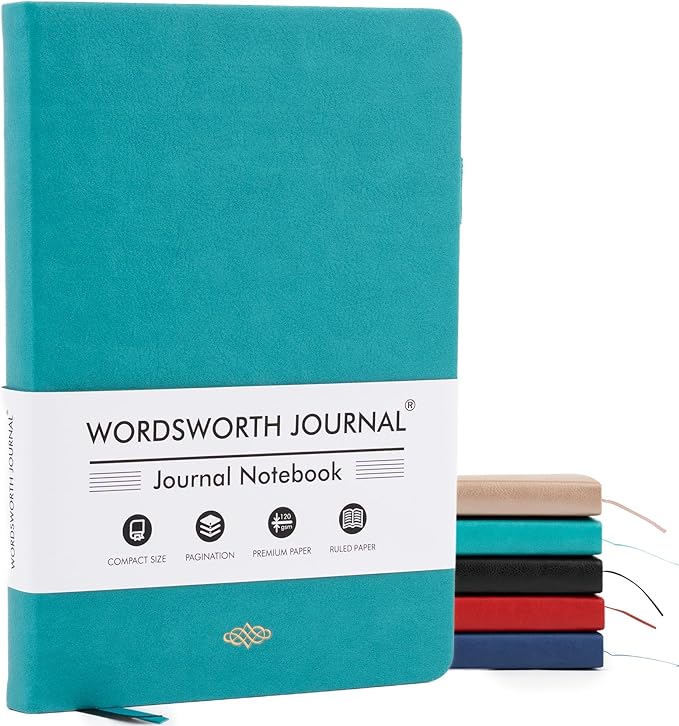 Wordsworth & Black A5 Lined Journal 216 Lined Pages, Hardcover Leather, 120 GSM Paper, Journaling Notebook for Work & Sketching, Journals for Women, Men - Gifts Box Included Turquoise