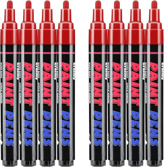 Red Paint Pens Paint Markers - 8 Pack Permanent Quick Dry Waterproof Marker Pens for Rocks Wood Fabric Plastic Canvas Glass Mugs Metal Tire Stone