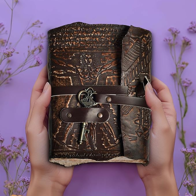 LEATHER VILLAGE Genuine Leather Handmade Journal for Men & Women – Vitruvian Man Embossed Cover – Key Closure – Book of Shadow – Vintage Deckle Edge Paper for Writing, Drawing – 7x5 Inches – Brown