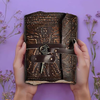 LEATHER VILLAGE Genuine Leather Handmade Journal for Men & Women – Vitruvian Man Embossed Cover – Key Closure – Book of Shadow – Vintage Deckle Edge Paper for Writing, Drawing – 7x5 Inches – Brown