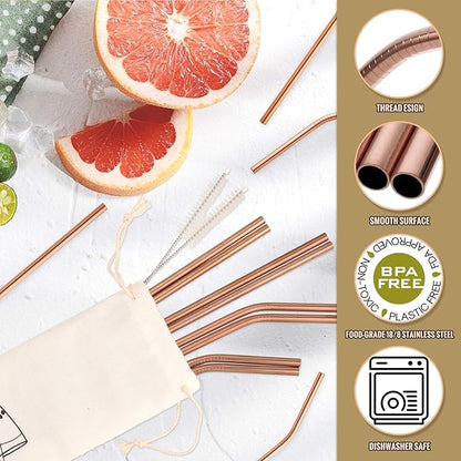 Hiware 12-Pack Rose Gold Metal Straws Reusable with Case - Stainless Steel Drinking Straws for 30oz and 20oz Tumblers Dishwasher Safe, 2 Brushes Included
