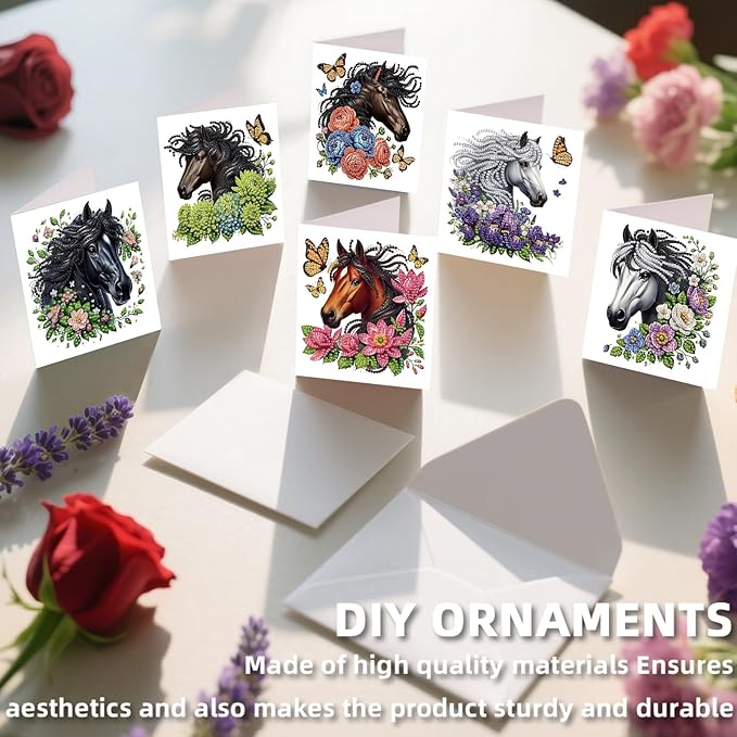 jinglinhh 12pcs Diamond Art Painting Flowers Horse Greeting Cards with Envelopes, DIY Card Making Kits for Adults, Diamond Art Christmas Cards for Birthday Holiday Postcards Craft Gifts