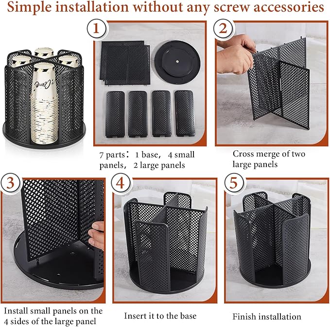 Hoolerry 2 Pcs Cup and Lid Organizer, 360° Rotatable Coffee Cup Holder for Disposable Plastic and Paper of 5 to 16 oz, Dispenser with 4 Compartments for Countertop Coffee Station Office Bar(Black)
