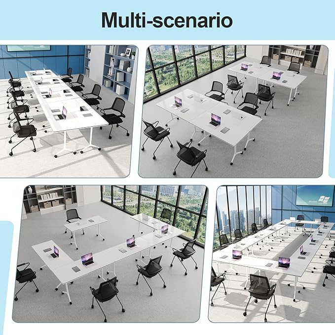 Conference Table Folding Conference Room Tables, Modern Mobile Meeting Training Table with Silent Wheels, Foldable Seminar Table for Offices, Classrooms, Libraries (10, White, 47.2in)
