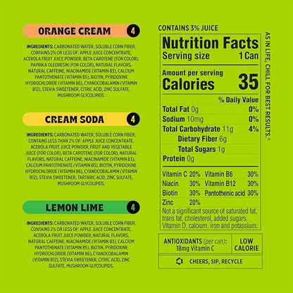 Popwell Caffeinated Variety Pack Better-For-You Prebiotic Soda, with 6g Fiber, 1g Sugar, Vitamins and Immunity Support, 12 fl oz, 12 count (Orange Cream, Lemon Lime, Cream Soda)