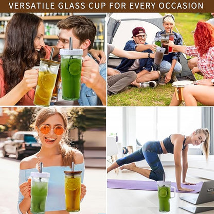 24oz Ribbed Glass Tumbler With Handle,4Pack Glass Cup with Lids and Straws,Reusable Glass Iced Coffee Cups With lids,Mason Jar Cup&Drinking Glasses for Smoothie,Shake,Juice,Soda Water,Tea,Travel Cup