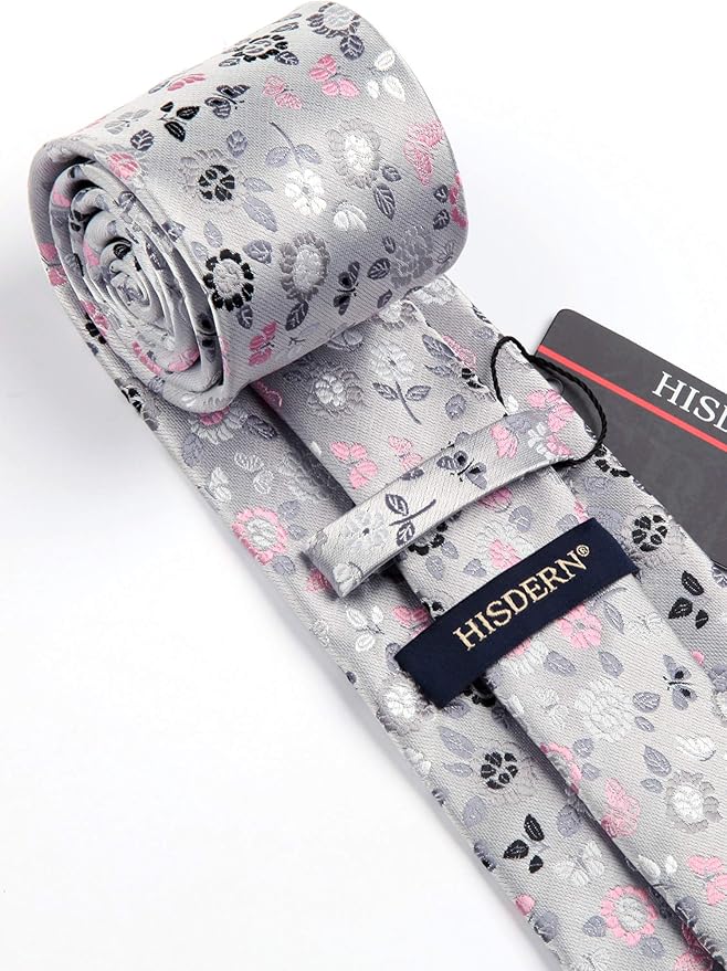 HISDERN Men Floral Ties Woven Classic 3.4" Necktie Set Formal Tie Pocket Square for Wedding with Handkerchief Gift Box