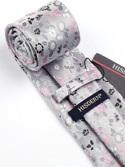 HISDERN Men Floral Ties Woven Classic 3.4" Necktie Set Formal Tie Pocket Square for Wedding with Handkerchief Gift Box