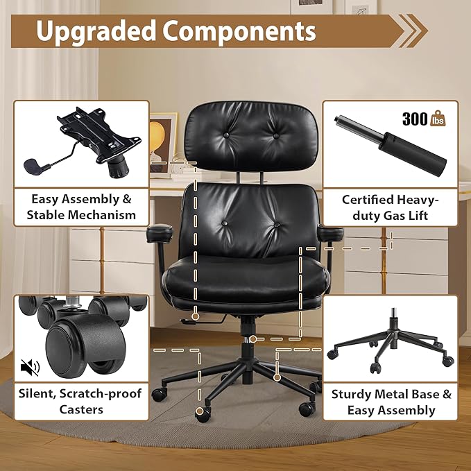 Ergonomic High Back Office Chair, PU Leather Home Office Desk Chairs with Wheels, Lumbar Support Swivel Computer Chair with Rocking Function, Black