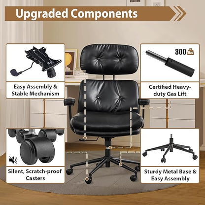 Ergonomic High Back Office Chair, PU Leather Home Office Desk Chairs with Wheels, Lumbar Support Swivel Computer Chair with Rocking Function, Black