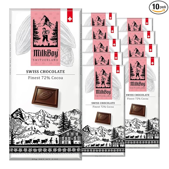 Milkboy Swiss Chocolates Dark Chocolates - 72% Cocoa, Made in Switzerland, Dairy Free, Vegan, Gluten-Free, Non-GMO, Kosher, Sustainably Farmed, European Chocolate - 3 oz, Pack 10