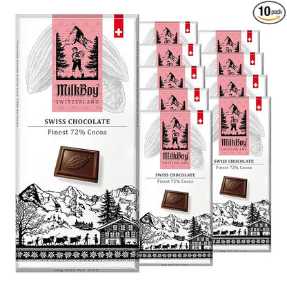 Milkboy Swiss Chocolates Dark Chocolates - 72% Cocoa, Made in Switzerland, Dairy Free, Vegan, Gluten-Free, Non-GMO, Kosher, Sustainably Farmed, European Chocolate - 3 oz, Pack 10