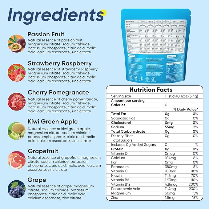 36 Sticks Electrolytes Powder Packets No Sugar Hydration Packets Electrolyte Liquid Daily IV Drink Mix with Strawberry Raspberry, Passion Fruit, Kiwi Green Apple, Cherry Pomegranate, Grape, Grapefruit