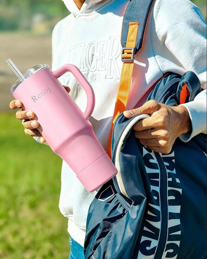 Renoj Tumbler with Handle 100% Spill Resistant Insulated Water Bottle for Iced Coffee & Hot Drinks - Fits Car Cup Holder, Ideal Gift, 2 Straws & Silicone Boot BPA-Free - FlexSlide Pink 40 oz