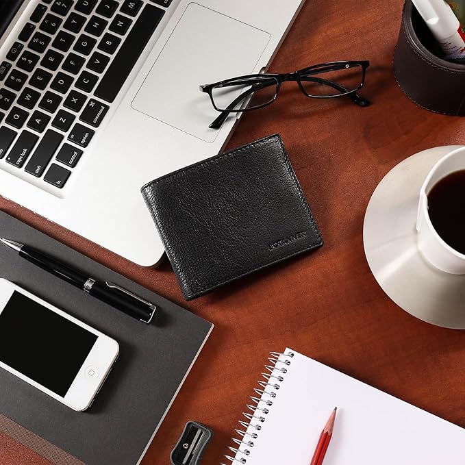Genuine Leather Bifold Mens Slim Wallet RFID Blocking with 8 Credit Card Slots 2 Sections for Bills 2 Additional Slots | For Him (Black)