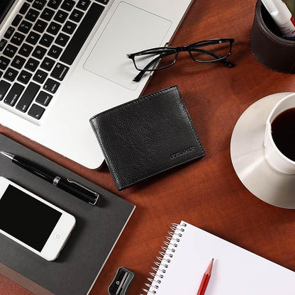Genuine Leather Bifold Mens Slim Wallet RFID Blocking with 8 Credit Card Slots 2 Sections for Bills 2 Additional Slots | For Him (Black)