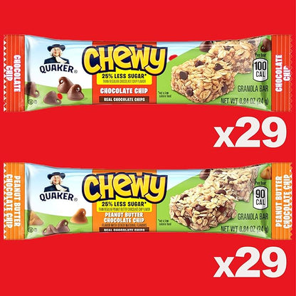 Quaker Chewy Granola Bars, 25% Less Sugar, 2 Flavor Variety Pack, (58 Pack)