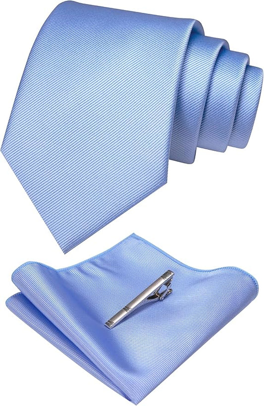 JEMYGINS Solid Color Formal Necktie and Pocket Square Tie Clip Sets for Men