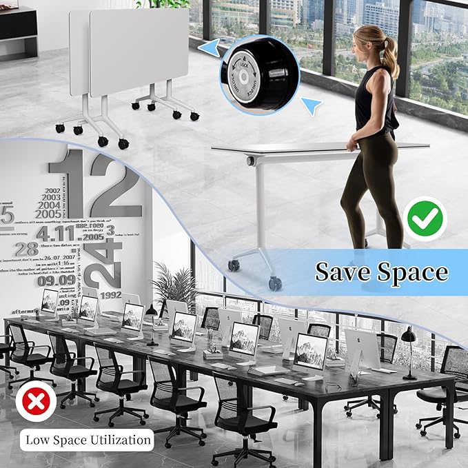 Conference Table, Folding Conference Room Tables, Modern Flip Top Seminar Training Meeting Table with Wheels, Modular Foldable Conference Tables for Home Office Classr (White 8 Pack, 63inch)