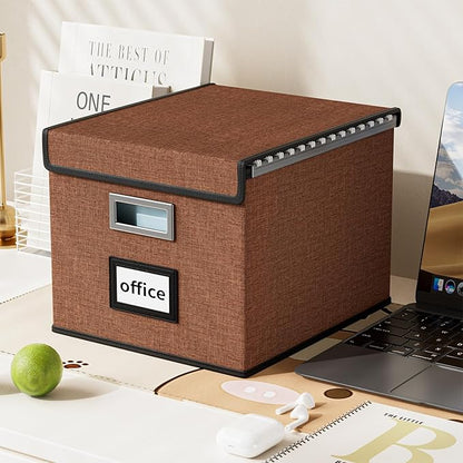 Huolewa Upgrade Portable File Organizer Box with Lid,Large Linen Hanging Office Document Storage Box with Lid,Collapsible Filing&Storage Box for Office/Decor/Home-14.9x12.7x10.8in,1pk-without folders