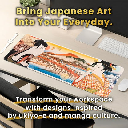 BELLEMOND Japanese Art Desk Mat | Large 31.5x11.8in Desk Pad | Mouse Pad for Keyboard & Mouse | Non-Slip Base, Water-Repellent, Smooth Precision | Edo Lovers