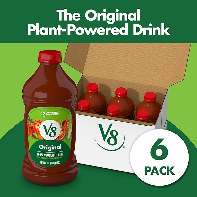 V8 Original 100% Vegetable Juice, Vegetable Blend with Tomato Juice, 64 Ounce Bottle (Pack of 6)