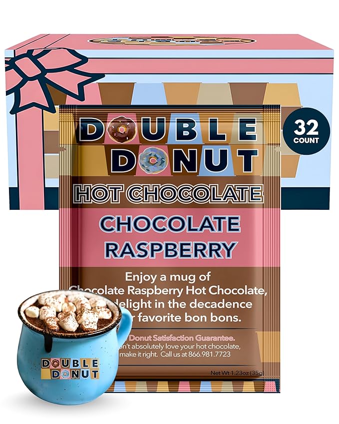 Double Donut Flavored Hot Chocolate, Raspberry Hot Chocolate, Hot Chocolate Packets, Hot Cocoa Mix, Pack 32 Pouches per Pack